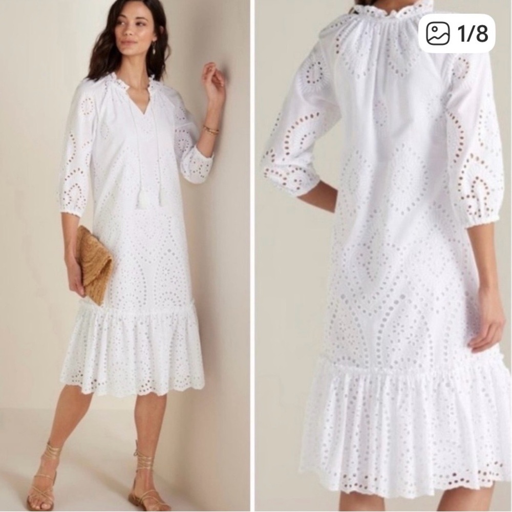 Soft Surroundings White Eyelet Long Sleeve Midi Dress